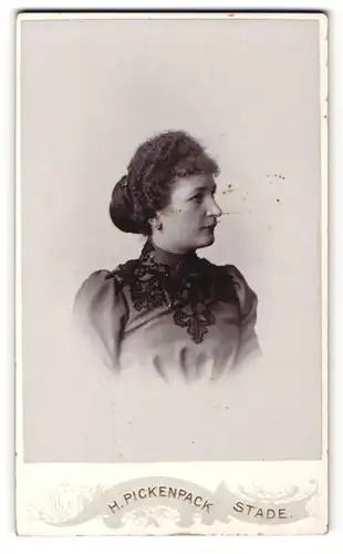 Fotografie H. Pickenpack, Stade, Portrait dunkelhaariges Fräulein in bestickter Bluse