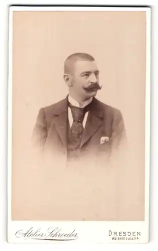 Fotografie Atelier Schroeder, Dresden-A, Portrait stattlicher Herr im Anzug mit Krawatte und Schnauzbart