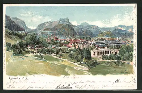Künstler-AK Edward Theodore Compton: Reichenhall, Panoramablick auf Ort und Berge