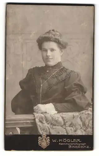 Fotografie W. Högler, Bregenz, Portrait junge Dame im Rüschenkleid an Geländer gelehnt