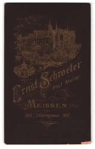 Fotografie Ernst Schroeter, Meissen, Ansicht Meissen, Dom im Ortskern, Rückseitig Portrait