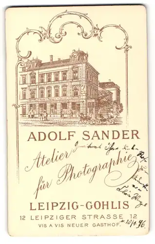 Fotografie Adolf Sander, Leipzig-Gohlis, Ansicht Leipzig-Gohlis, Foto-Atelier Leipziger Strasse 12, Rückseitig Portrait