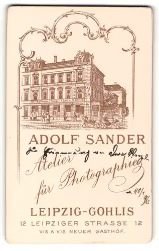 Fotografie Adolf Sander, Leipzig-Gohlis, Ansicht Leipzig-Gohlis, Foto-Atelier Leipziger Str. 12, Rückseitig Portrait