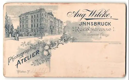 Fotografie Aug. Wilcke, Innsbruck, Ansicht Innsbruck, Foto-Atelier in der Rudolfstrasse 1, Rückseitig Portrait