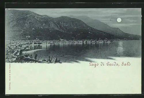 Mondschein-AK Salò, Panoramablick auf Ort und Berge