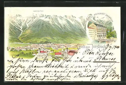 Lithographie Innsbruck, Totalansicht, Hotel Kaiserhof