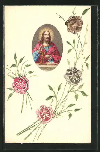 AK Christus mit Brot und Wein und Briefmarkencollage
