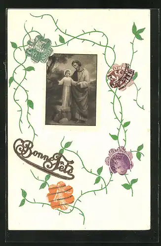 AK Briefmarkencollage mit Joseph und Christus