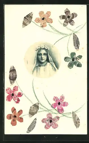 AK Briefmarkencollage mit Brautportrait