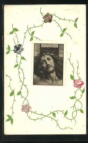 AK Briefmarkencollage mit Christus am Kreuz