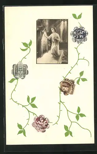 AK Briefmarkencollage kniende Frau und Blumen