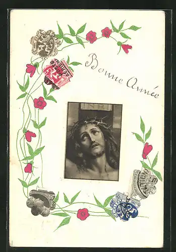 AK Briefmarkencollage Jesus am Kreuz und Blumen, Neujahrsgruss