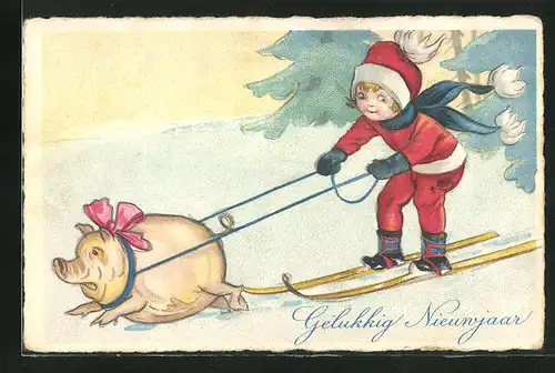 AK Kleine Skifahrerin lässt sich von einem Schwein ziehen