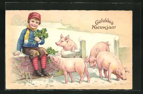AK Neujahrsgratulant mit Glücksklee und Schweinen