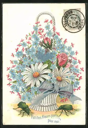 Präge-AK Käfer krabbeln um einen bunten Blumenkorb