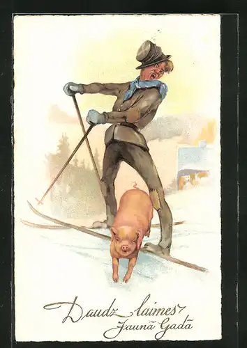 Künstler-AK Schweinchen rennt einem Skifahrer zwischen den Beinen hindurch