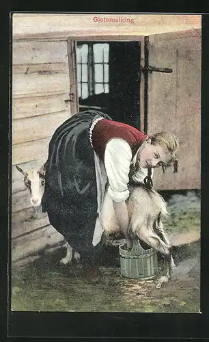 AK Hübsche Bäuerin melkt eine Ziege