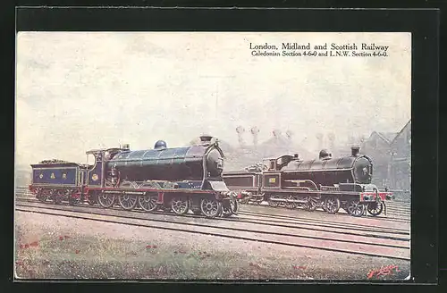 Künstler-AK englische Eisenbahn, London, Midland and Scottish Railway, Caledonian Section 4-6-0 & L.N.W. Section 4-6-0