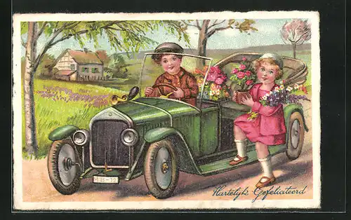 AK Kinder mit Rosensträussen in einem Auto auf der Strasse
