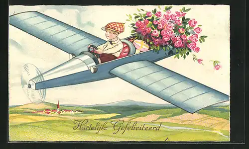 AK Knabe in einem Flugzeug mit Blumensträussen sitzend