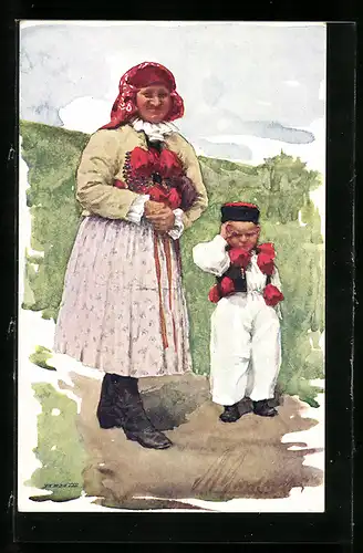 Künstler-AK Grossmutter und Enkel in slowakischer Tracht