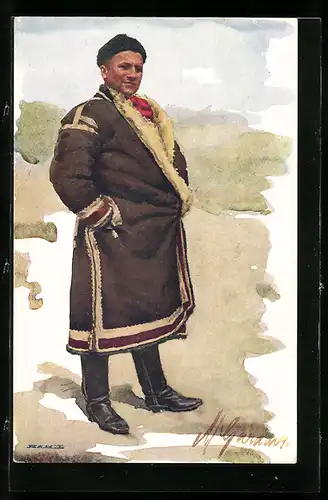 Künstler-AK Tschechischer Mann im Mantel