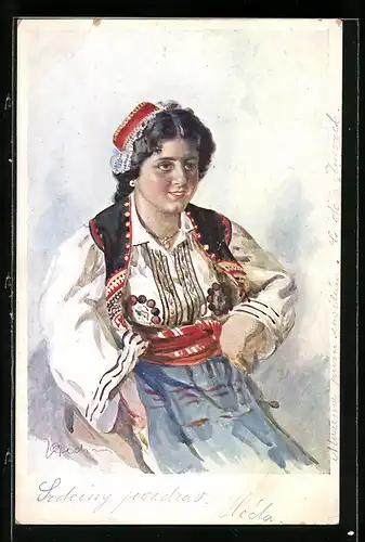 Künstler-AK Junge Frau in volkstümlicher Tracht