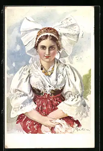 AK Junge Frau in festlicher tschechischer Tracht, rückseitig Prag, Koruna
