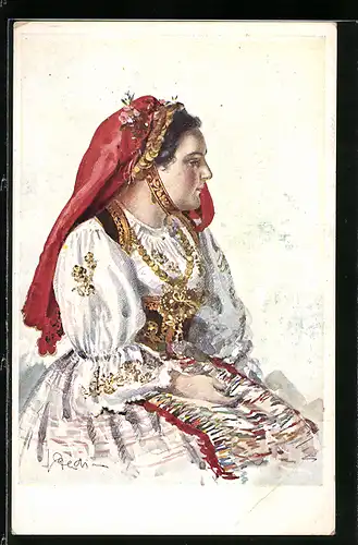 AK Junge Frau in festlicher tschechischer Tracht mit rotem Kopftuch, rückseitig Prag, Koruna