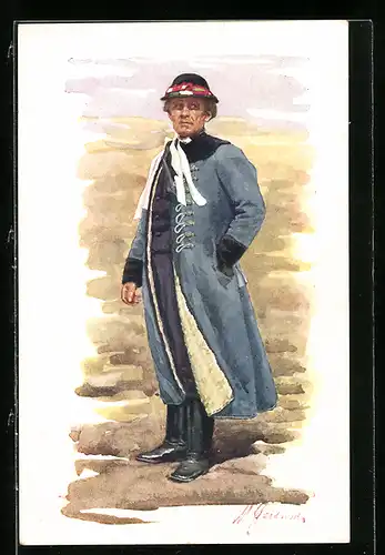 Künstler-AK tschechischer Mann mit Mantel und Hut