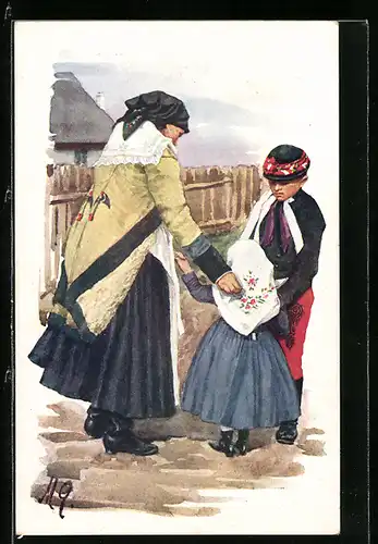 AK Mutter mit ihren Kindern in tschechischer Tracht