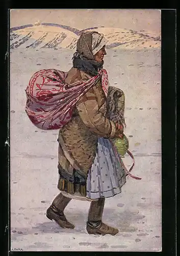 Künstler-AK Za muzem, slowakische Frau im Winter