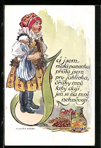 AK Mädchen in Tracht mit Bündel am Arm, Brot, Äpfel, Krug