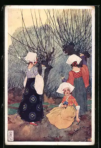 Künstler-AK sign. J. Wenig: Mädchen schneiden Weidenzweige fürs Osterfest