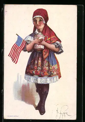 AK Mädchen in tschechischer Tracht mit Krug und US-Fähnchen