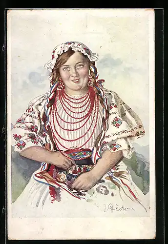 Künstler-AK Dame in tschechischer Tracht