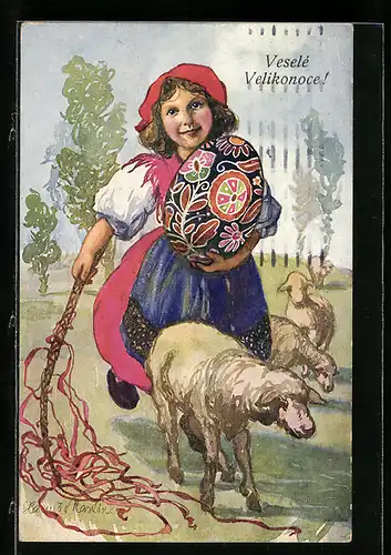 Künstler-AK Mädchen in in tschechischer Tracht mit Lämmern