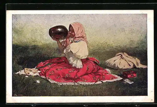 Künstler-AK tschechische Pilgerin rastet auf einer Wiese