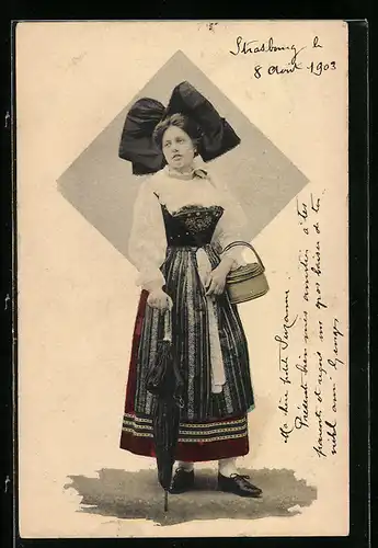 AK Frau in elsass-lothringischer Tracht mit Schirm