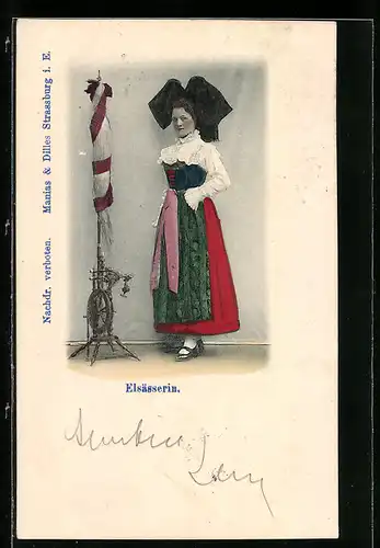 AK Elsässerin in Tracht mit Spinnrad