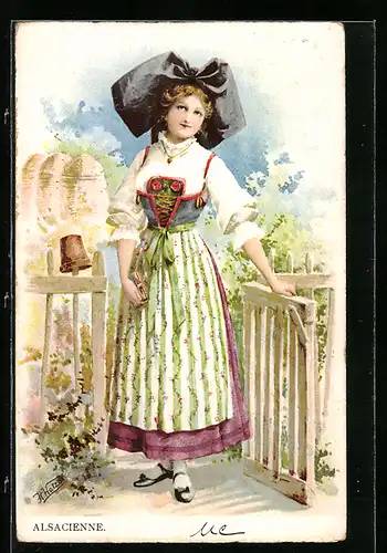 AK Frau in elsass-lothringischer Tracht vor Bienenkörben