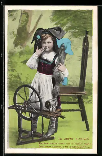 AK Mädchen in Elsässer Tracht mit Spinnrad