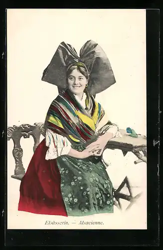 AK Elsässerin in Tracht am Tisch