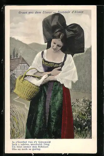 AK Junge Frau in elsass-lothringischer Tracht trägt eine Gans in einem Korb
