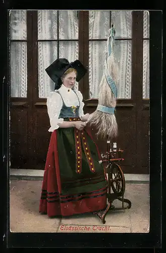 AK Junge Elsässerin am Spinnrad