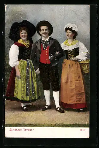 AK Zwei Damen mit Herr in der Mitte in Elsässer Tracht