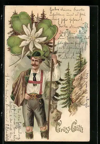 Lithographie Bergsteiger in Tracht mit riesigem Glücksklee