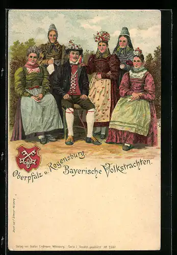 Lithographie Regensburg, Herr & Damen tragen bayerische Volkstrachten, Wappen