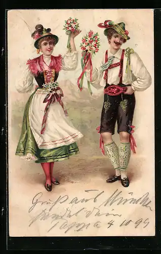 Künstler-AK Paar in bayerischer Tracht beim Tanz