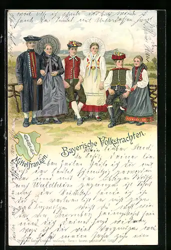 Künstler-AK Gruppe junger Leute in bayerischen Volkstrachten